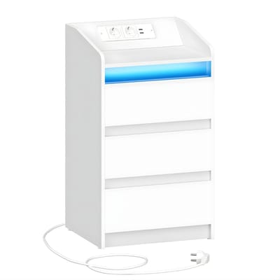 Nachtkastje – Voor Slaapkamer en Woonkamer – Bijzettafel met 3 Lades, Oplaadstation, LED-Verlichting, 2 Stopcontacten en 2 USB-poorten – Wit