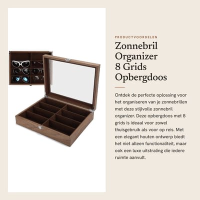 Dailygoods- Zonnebril Organizer Houten - Opbergdoos - 8 Grids - Reisdoos - Sieraden Vitrine - Glazen Doos