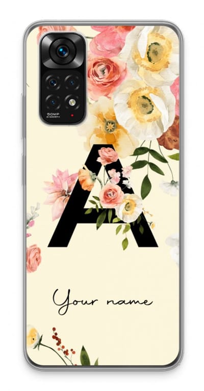 Gepersonaliseerd - Case Company® - Hoesje geschikt voor Xiaomi Redmi Note 11 hoesje - Flirty Flowers Monogram - Soft Cover Telefoonhoesje - Bescherming aan alle Kanten en Schermrand