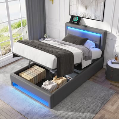 HAUSS SPOLE Tweepersoonsbedden 90x200 cm - Tweepersoonsbedden Met Hydraulische Opbergruimte En USB-Oplader - PU - Grijs