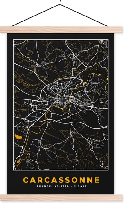 Posterhanger incl. Poster 40x60 cm - Schoolplaat - Stadskaart – Frankrijk – Kaart – Carcassonne – Plattegrond - Textielposter - Blanke latten - Stadskaart