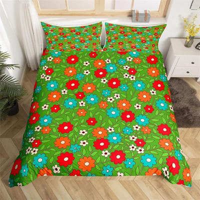 Retro jaren 70 Hippie Stijl Dekbedovertrek Queen Microfiber Psychedelisch Paddenstoelen Beddengoed Set Kamer Decoratie Cadeaus Regenboog Bloemen Dekbedovertrek 180*220cm 3pcs