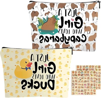 Schattige Dieren Make-up Tas met Geel Eendje en Capybara Meisje + 2 Sets Capybara Stickers - Perfect als Verjaardagscadeau, Handig en Ruim voor Make-up Accessoires