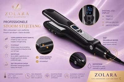 Zolara Professionele Stoom Stijltang - Steampod - Stoomstijltang - Haarstyler - Keramische Haarstijltang met Stoom - Toermalijn Platen - Digitaal LCD Display - 5 Temperatuurstanden - 150°C-230°C - Voor Nat & Droog Haar - Zwart - Steam pod