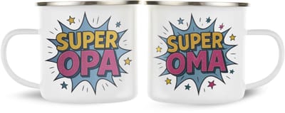NietMokken.nl - Mokken Set – Super Opa & Super Oma – Cadeau voor grootouders – Grappige emaille mokken 360 ml – Set van 2 – Origineel cadeau voor opa en oma - Vaatwasveilig