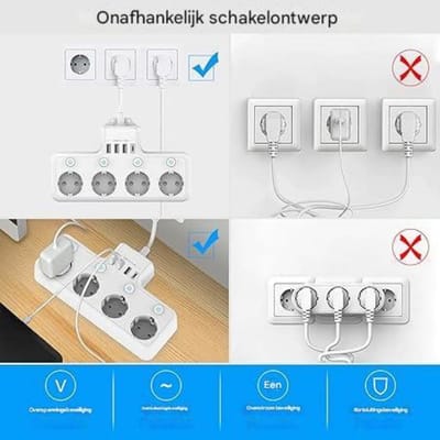 GELLDG Meervoudige stekkerdozen - 4 onafhankelijke schaltdosen met USB-C (PD 20W) en 3x USB-A - kort snoer - kindveilig - Geschikt voor thuis en kantoor - plastic