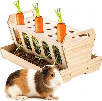 Grote houten voederbak voor konijnen en knaagdieren, hooivoederstation met wortelhouder, natuurlijk onbehandeld hout (30 x 20,5 x 18 cm)