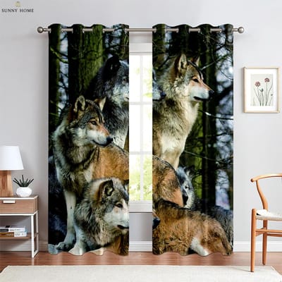 Dier Ster Wolf 3D Patroon Print Gordijn Raamgordijnstangzak Decoratief Gordijn Keukenruimte Woonruimte Slaapkamerruimte Gordijn W50xH140(CM)x2PCS&Rod pocket