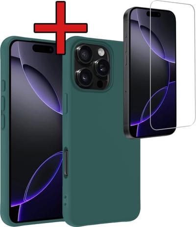 Hoesje - Met Screenprotector - Geschikt voor Apple iPhone 16 Pro - Sterk & Shockproof - Telefoon Hoes - Back Cover - Siliconen Case - Telefoonhoes - Donkergroen