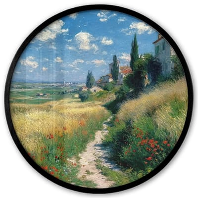 Poster in lijst Rond - Fotolijst 40x40 cm - Posters - Zandpad - Huis - Bomen - Grasveld - Ronde posterlijst zwart - Decoratie - Wanddecoratie woonkamer - Muurdecoratie slaapkamer