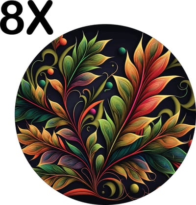 Luxe Ronde Placemat - Herfstige Plant met Organische Vormen - Set van 8 Placemats - 50x50 cm - 2 mm dik Vinyl - Anti Slip - Afneembaar