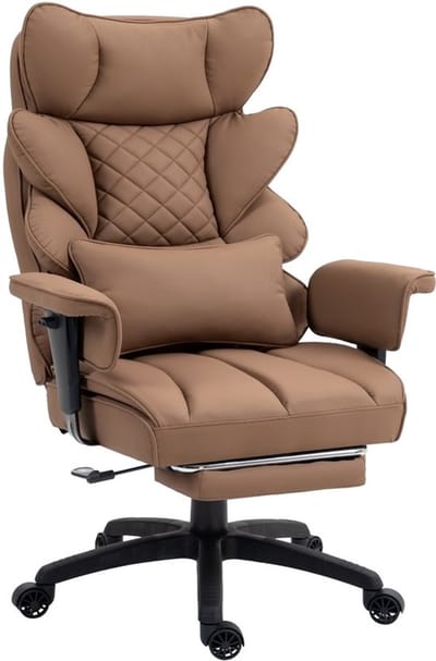 Dowinx Gamingstoel - ergonomische bureaustoel - pocketvering zitting - dubbele zachte rugleuning - verstelbaar lendenkussen - armleuningen - uitschuifbare voetsteun - PU leer - bruin