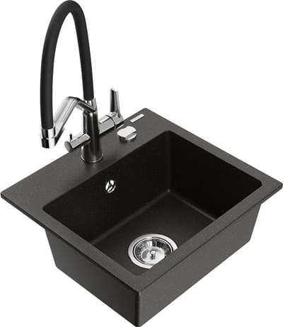 Mexen Milo granieten spoelbak met één kom en keukenkraan Duo, zwart/goud metallic - 6505-75-671701-07