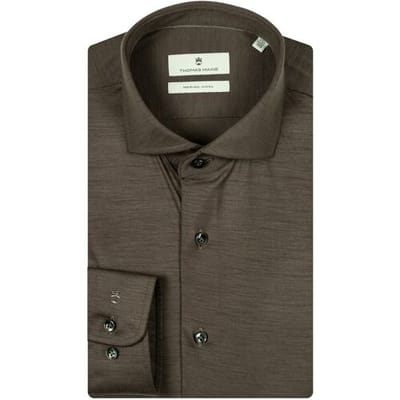 Thomas Maine Overhemd Roma Modern Kent Jersey Merino Taupe / male