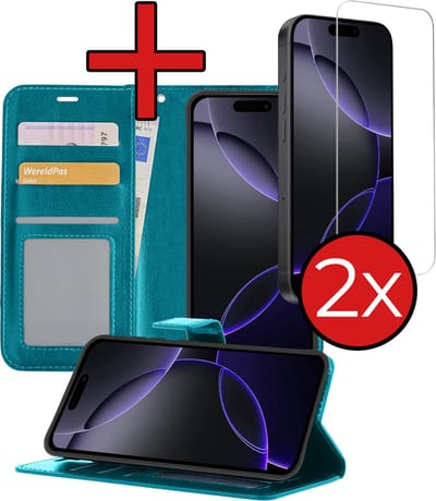 Hoesje - Met 2x Screenprotector - Geschikt voor Apple iPhone 16 Pro - Luxe Pasjeshouder - Flip Case - Bookcase Portemonee - Kunstleer Book Case - Flipcase Hoes - Book Cover - Walletcase - Portemonneehoes - Telefoonhoes - Turquoise