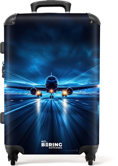 NoBoringSuitcases.com® - Kinderkoffer jongen - Kindertrolley jongens - Vliegtuig opstartend in futuristisch nachtlandschap - Koffer kind groot - Rolkoffer lichtgewicht - Reiskoffer met 4 wielen - Grote trolley XL - 20 kg bagage