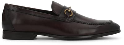 Brown men's loafers with leather upper and metal embellishment