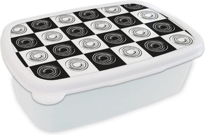 Broodtrommel Wit - Lunchbox Patronen - Schaakbord - Zwart Wit - Brooddoos 18x12x6 cm - Brood lunch box - Broodtrommels voor kinderen en volwassenen