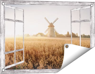 Gards Tuinposter Doorkijk Windmolen in het Veld - 60x40 cm - Tuindoek - Tuindecoratie - Wanddecoratie buiten - Tuinschilderij