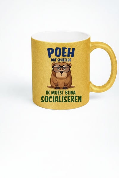 Poeh Dat Scheelde Socialiseren Mok 330ml – Gouden Keramische Koffiemok met Grappige Nederlandse Kat Quote – Humor Cadeau voor Introverten & Kattenliefhebbers