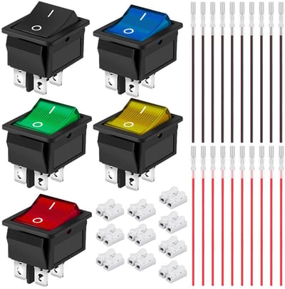 Allecto - Mini Aan/Uit-Schakelaar - 5x DPST schakelaar - met LED verlichting - 5 kleuren - 16A 250V - geschikt voor diverse toepassingen - ideaal v...