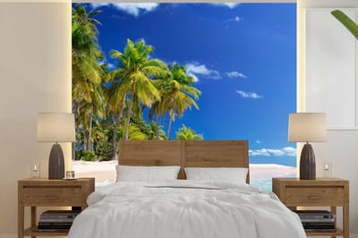 Behang - Fotobehang Strand - Zee - Palmboom - Zon - Zomer - Breedte 350 cm x hoogte 350 cm