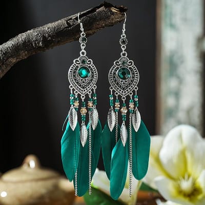 Boho Veer Lange Blad Kwastje Hangende Oorbellen Voor Vrouwen Geometrisch Strass Kristal Kralen Handgemaakte Ketting Bruiloft Oorbellen Sieraden gray