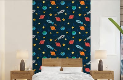 Behang - Fotobehang Patronen - Aarde - Ruimte - Raket - Jongens - Kinderen - Jongetje - Kids - Breedte 140 cm x hoogte 220 cm