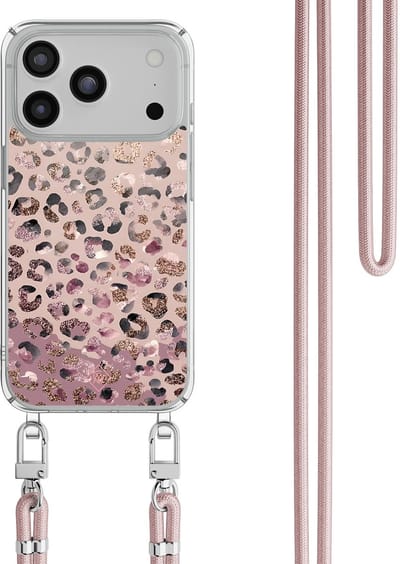 Casimoda® hoesje met Rosegoud koord - Geschikt voor iPhone 17 Pro Max - Rosé Leopard - Afneembaar koord - TPU/polycarbonaat - Multi