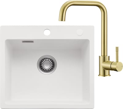 CECIPA max Granieten spoelbakken 40x45CM - Spoelbakken Keuken Wit - Spoelbak Keuken Met Keukenkraan Goud - Enkele spoelbakken Met sifon - waterafvoersysteem en overloopset