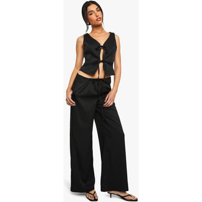 boohoo Dames Linnenlook Broek met Gesnoerde Taille en Wijde Pijp | Black | Maat: 8