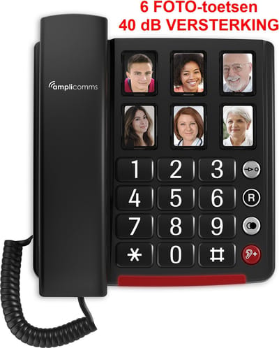 AMPLICOMMS BigTel40+ Seniorentelefoon - geschikt voor SLECHTHORENDEN - 40 dB VERSTERKING - 6 FOTO-toetsen - zwart