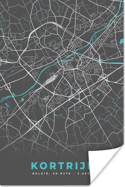 Poster Plattegrond – Kortrijk – Blauw – Stadskaart - Kaart - 120x180 cm XXL