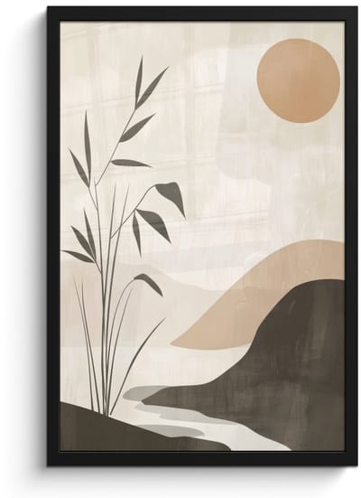 Poster in lijst - Fotolijst 40x60 cm - Posters - Japandi - Landschap - Beige - Posterlijst zwart - Decoratie - Wanddecoratie woonkamer - Muurdecoratie slaapkamer