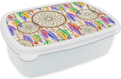 Broodtrommel Wit - Lunchbox - Brooddoos - Dromenvanger - Veren - Patronen - 18x12x6 cm - Volwassenen