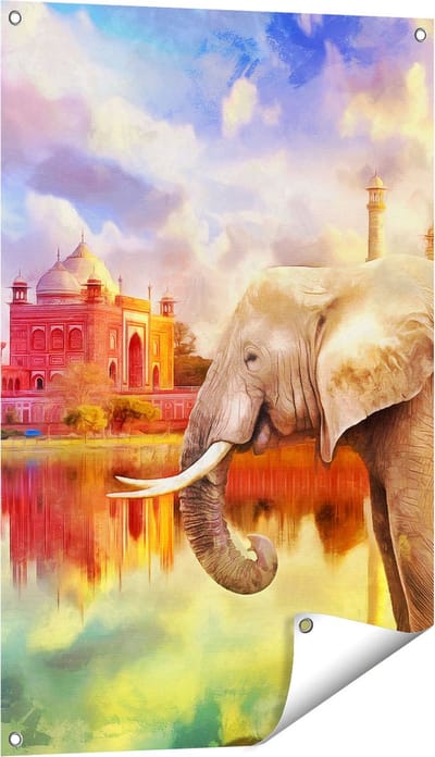 Gards Tuinposter Getekende Olifant bij Taj Mahal - Abstract - 60x90 cm - Tuindoek - Tuindecoratie - Wanddecoratie buiten - Tuinschilderij