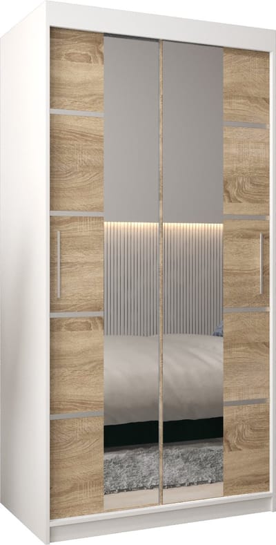 InspireMe - Kledingkast met 2 schuifdeuren, Modern-stijl, Kledingkast met planken (BxHxD): 100x200x62 - VENTILA IV 100 Wit Mat + Sonoma Eik