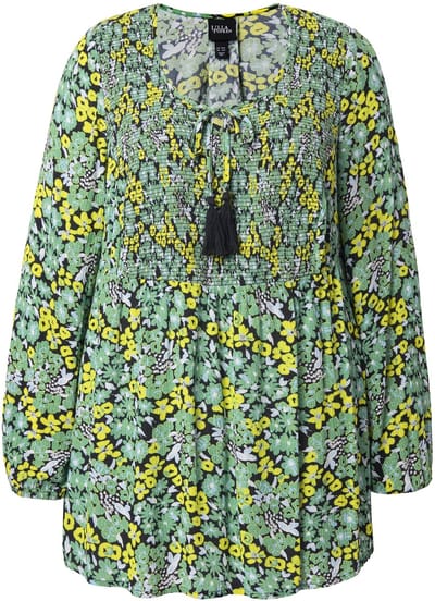 Ulla Popken - Dames - Gerimpelde blouse bloemen A-lijn ronde hals lange mouwen - Appelgroen - Maat 42+