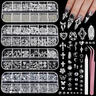 4 Dozen Zilveren Nagelstrass Set | 3D Nageldecoraties | Kruis Sterren Charms & Kaviaar Kralen | Glinsterende Nagelstenen | Voor Professionele En DIY Nagelkunst Creatief Nageldesign| Cyslmuk®