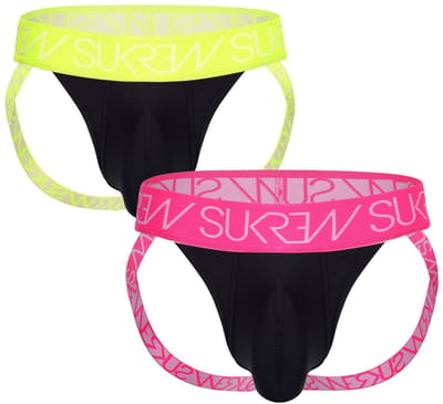 SUKREW Jockstrap Multipack 1x Underground Black/Acid Yellow + 1x Underground Black/Elect Pink - MAAT S - Heren Ondergoed - Jockstrap voor Man - Mannen Jock