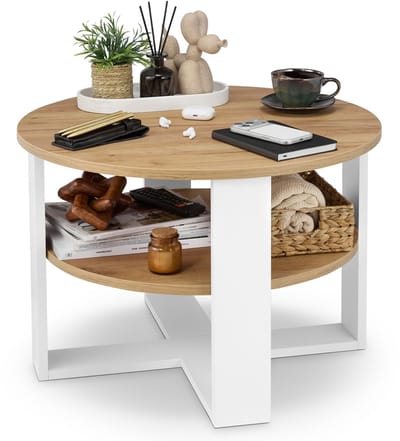 defiPad Ronde Salontafel - Industrieel - Groot Ø70 cm met Plank, Wit + Eiken Craft