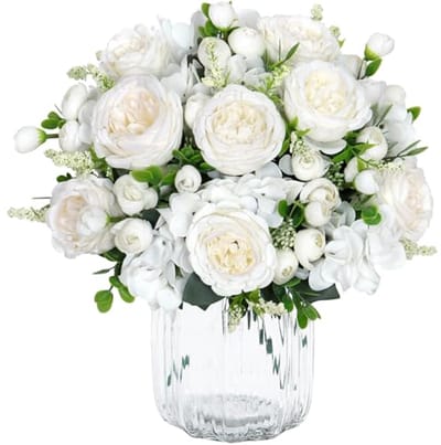 SnelShoppen - 2 Bundels Witte Pioenrozen Kunstbloemen Boeket - Zijde Peonies Bruiloft Feest Tafelversiering - Huishouddecoratie 31 cm