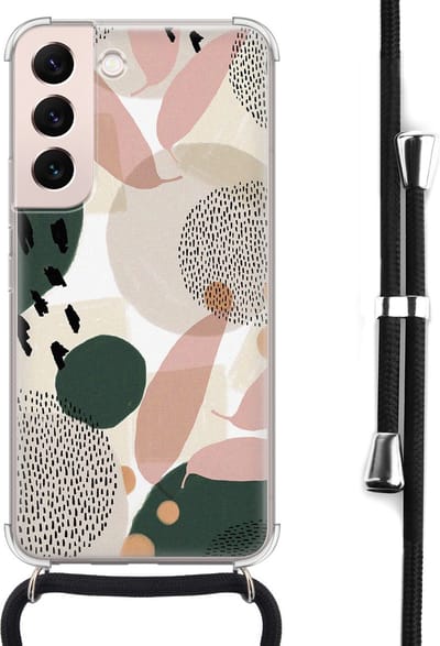 Hoesje met koord - Geschikt voor Samsung Galaxy S22 - Abstract print - Verstelbaar zwart koord - Crossbody - Print / Illustratie - Transparant, Beige - Leuke Telefoonhoesjes