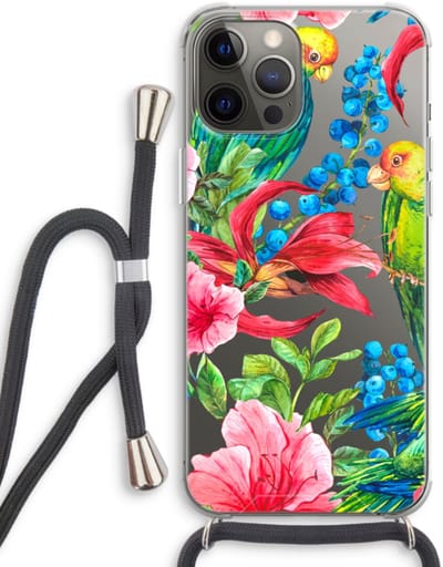 Case Company® - Hoesje met koord geschikt voor iPhone 12 Pro hoesje met Koord - Papegaaien - Telefoonhoesje met Zwart Koord - Bescherming aan alle Kanten en Over de Schermrand