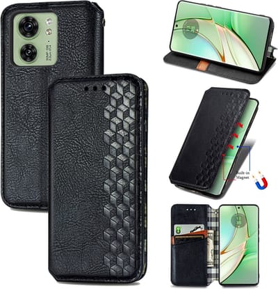 Luxe PU Lederen Ruitpatroon Wallet Case + Glas Screenprotector voor Motorola Edge 40 _ Zwart