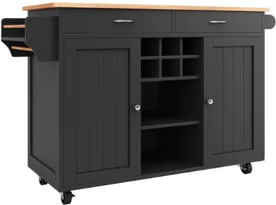 Keukeneiland - Verplaatsbaar - Keukenkast - Dressoir - Organizer - Kasten - Houten Werkblad - 2 Deuren - Zwart