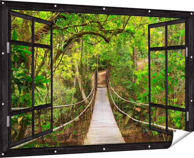 Gards Tuinposter Doorkijk Hangbrug - 180x120 cm - Tuindoek - Tuindecoratie - Wanddecoratie buiten - Tuinschilderij