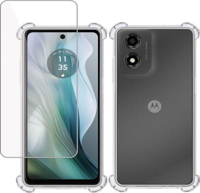 Hoesje + Screenprotector geschikt voor Motorola Moto E14 / Moto G04 / Moto G24 – Tempered Glass - Extreme Shock Case Transparant