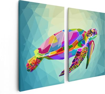 Artaza Canvas Schilderij Tweeluik Kleurrijke Schildpad in het Water - 80x60 - Foto Op Canvas - Canvas Print