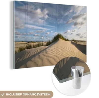 MuchoWow® Glasschilderij 60x40 cm - Schilderij acrylglas - Strand - Zand - Nederland - Foto op glas - Muurdecoratie woonkamer - Wanddecoratie slaapkamer - Schilderijen